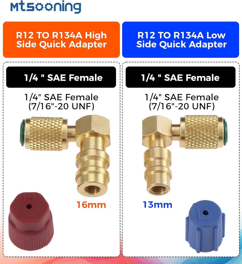 Mtsooning R12 R22 to R134a Conversion Kit, Include 4 PCS High/Low Fitting Port Retrofit 1/4 SAE to 7/16"-20 UNF Conversion Adapter, R22 R134a Valve Cores, A/C Rubber Seals and Valve Core Removal - Image 2